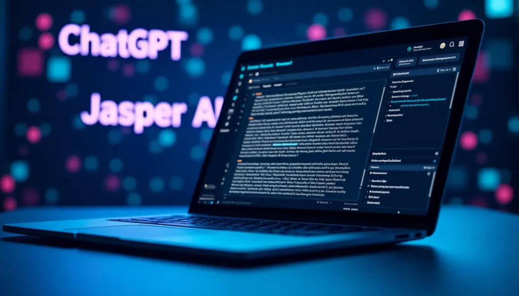 A futuristic digital workspace showcasing an AI-powered writing assistant on a laptop screen, comparing ChatGPT, Jasper AI, and Copy.ai with a sleek, tech-inspired background.